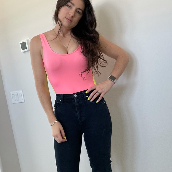 Bright Pink with Neon Green Side Detail Bodysuit - Picture 7 of 8